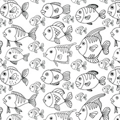 Fish simple seamless pattern backdrop in black and white.  Underwater two-tone scene, sea creature  background for fabric, mural, upholstery, wallpaper, textile, prints, and wrapping paper. 
