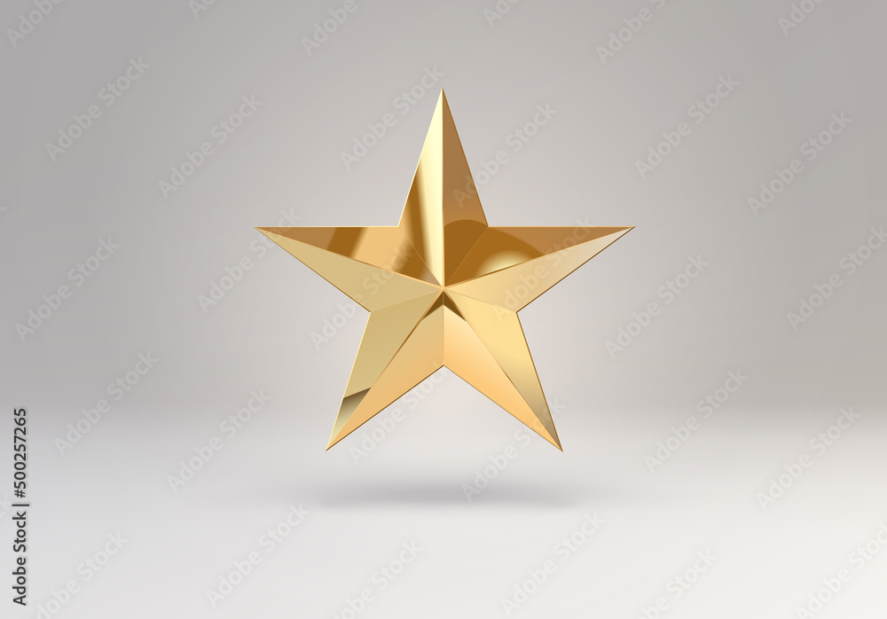 Wall mural 3d vector star element or simple golden shape. shiny object with reflections made of gold..