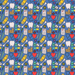 Fototapeta na wymiar Colored seamless medicine pattern. Doodle vector with medicine icons on blue background. Vintage medicine icons