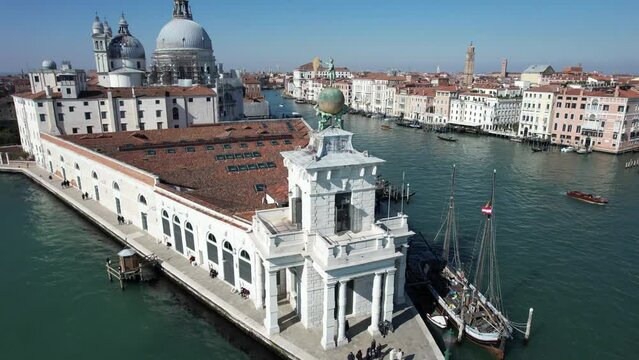 Italy, Veneto, Venice, Aerial view of Dogana da Mar, movable wind vane of the goddess Fortuna on a gilded globe, carried by atlases