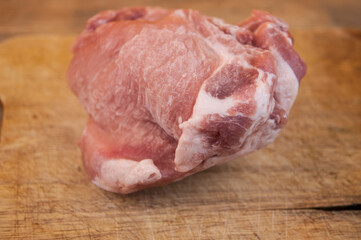 Raw pork meat cut piece set, on  wooden table background, top view flat lay, with copy space for text