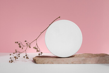 Podium for cosmetic product presentation. Abstract minimal geometrical form with natural Stone. Cylinder podium sphere, geometric circle shape, soft shadow. Scene, showcase, display. Front view