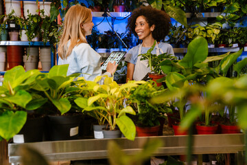 Naklejka premium White young florist girl working with female customer in flower shop