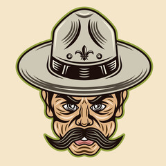 Boyscout men in hat with mustache vector illustration in colorful cartoon style isolated on light background