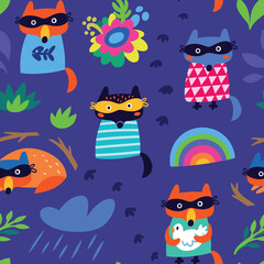 Cute fox thieves seamless pattern. Vector illustration