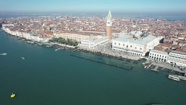 Aerial view of St Mark's square, Grand Canal and Dogana da Mar, Venice, Veneto, Italy, Europe.