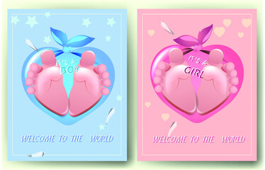 Set of baby shower invitations with baby feet in heart
 on a blue and pink background