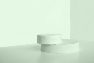 Podium for cosmetic product presentation. Abstract minimal geometrical form. Cylinder stone sphere one form, shadow. Scene to show products. Showcase, display. Trendy sunlight. Front view. 3D