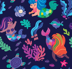 Cute little mermaids seamless pattern. Vector illustration