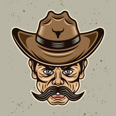 Cowboy man head with mustache in hat vector illustration in colored cartoon style on light background