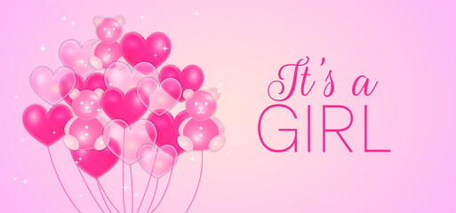 It's a Girl Baby Shower Illustration Design with Pink Balloons in Heart and Bear Shape