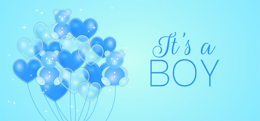 It's a Boy Baby Shower Illustration Design with Blue Balloons in Heart and Bear Shape
