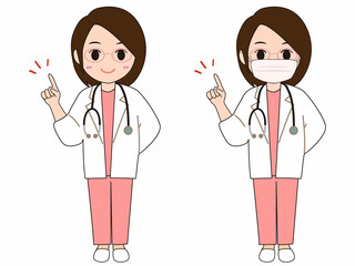 Fototapeta premium 指さしをして説明をするピンクの手術着と白衣を着た可愛い女性ドクター_マスクあり、なし