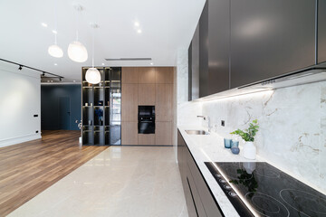 Black, large studio kitchen in modern interior design