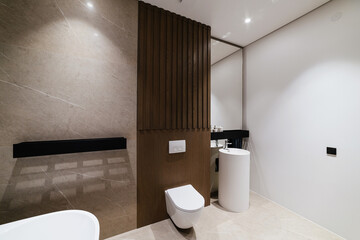 Stylish, modern bathroom with natural wood