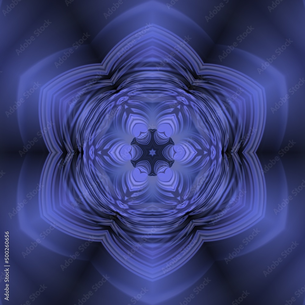 Poster pattern and design from sharp peak point of a torus shaped 3d illustration object in shades of blue 