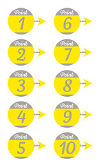 矢印をあしらった数字アイコンセット　1〜10　POINT（イエロー＆グレー）