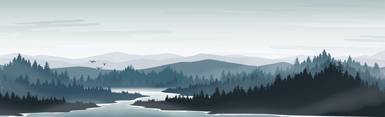 Mountain and lake landscape. Fog covers pine forests and lakes. In the morning or evening.