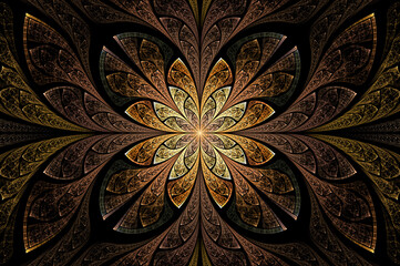 Computer generated abstract illustration Beautiful fractal Golden flower wall  pattern, Kaleidoscope design background, Abstract Concept Unique Mandala Kaleidoscopic creative inimitable graphic design