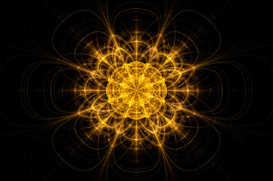 Computer generated abstract illustration Beautiful fractal Golden flower wall  pattern, Kaleidoscope design background, Abstract Concept Unique Mandala Kaleidoscopic creative inimitable graphic design