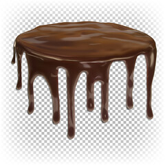 Liquid chocolate flowing down on the surface of a round cake, pie, dessert. Vector 3d realistic illustration isolated on white background.