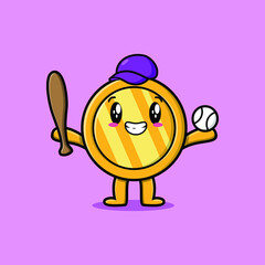 Cute cartoon gold coin character playing baseball in modern style design