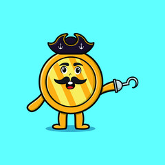 Cute cartoon pirate gold coin with hook hand in 3d modern style design