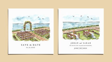 Watercolor wedding invitation of nature landscape with beautiful wedding gate view  - obrazy, fototapety, plakaty