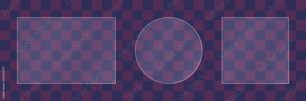Poster Matte glass plates set on transparent background. Frosted acrylic or plexiglass plates in rectangle, square and circle shape. Realistic glassmorphism or glass morphism effect. Vector illustration.