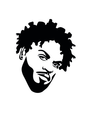 Black african american afro male face portrait vector silhouette with Mohawk dreadlocks curls waves hair style,beard.Brutal bearded man head stencil .Vinyl wall sticker decal. Cricut. Barber shop. DIY