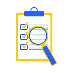 Magnifying glass and checklist in blue and yellow. Information search icon isolated on white background. Vector.