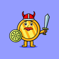 Cute cartoon character Gold coin viking pirate with hat and holding sword and shield in cute modern style design 