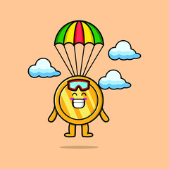 Cute cartoon Gold coin mascot is skydiving with balloon and happy gesture cute modern style design 