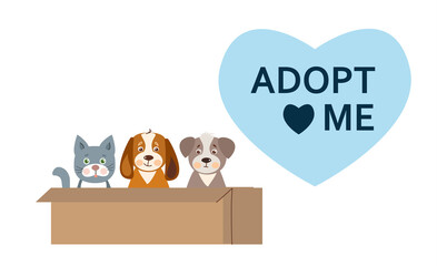 Adopt a pet. Help the homeless animals find a home. Cartoon vector illustration.