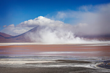 Breathtaking scenery of Lagoon Colorada with pink flamingos at Bolivian Altiplano, Potosi, Bolivia