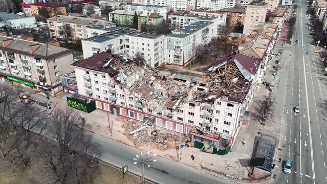 Blown up building in Kyiv. Ukraine war background. Bombed civil house.
