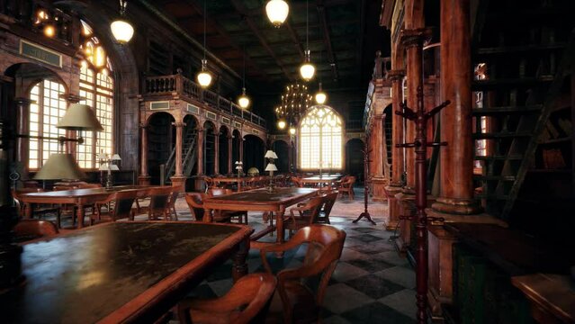 Animated library with old books 3d render 3d illustration.