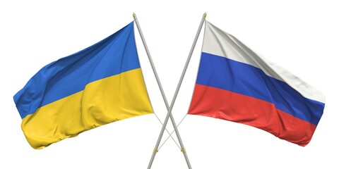 Flags of Russia and Ukraine on white background. 3D rendering