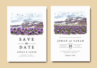Watercolor wedding invitation with purple flowers and mountain