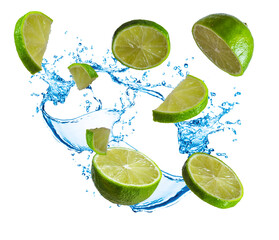 flying food concept. juicy lime. splashing water and crushed lime in motion isolated on white.