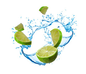 flying food concept. juicy lime. splashing water and crushed lime in motion isolated on white.