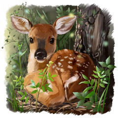 Cute deer lies in the grass. Watercolor drawing - obrazy, fototapety, plakaty