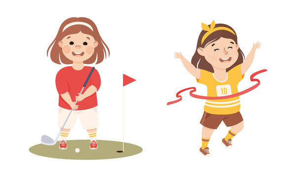 Kids Doing Sports Set. Cute Children Playing Golf And Running To Finish Line Cartoon Vector Illustration