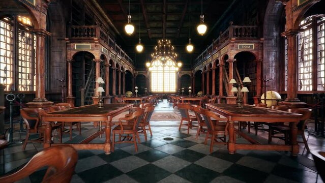 Animated library with old books 3d render 3d illustration.