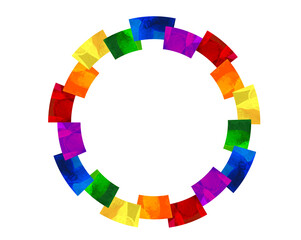 6色の虹色の扇型がランダムに並ぶ円形フレームのイラスト_背景素材