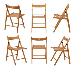 Six angles of a folding wood chair on white with clipping path