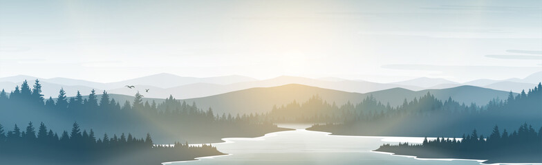Mountain and lake landscape. Sunbeam covers the pine forests and lakes. In the morning or evening.