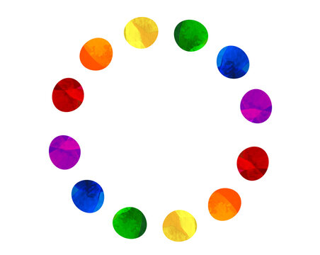 6色の虹色のドットが広がる円形フレームのイラスト_背景素材