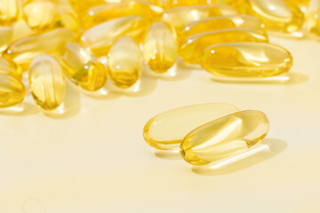 Close up of  oil filled capsules suitable for: fish oil, omega 3, omega 6, omega 9,  vitamin A,...