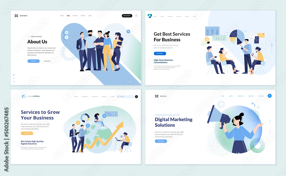 Wall mural set of web page design templates of business services, about us, strategy, planning, data analytics,